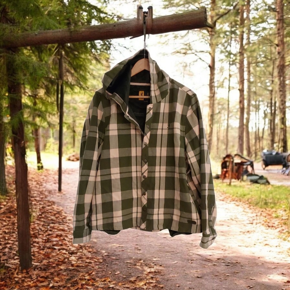 Browning Womens Green And Cream Lined Button Down Hooded Shirt Jacket Size 2XL